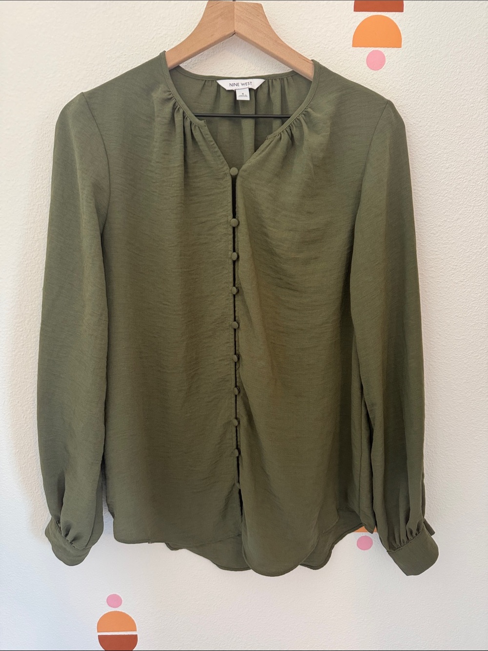 Nine West Olive Button-Front Long Sleeve Blouse N0146
